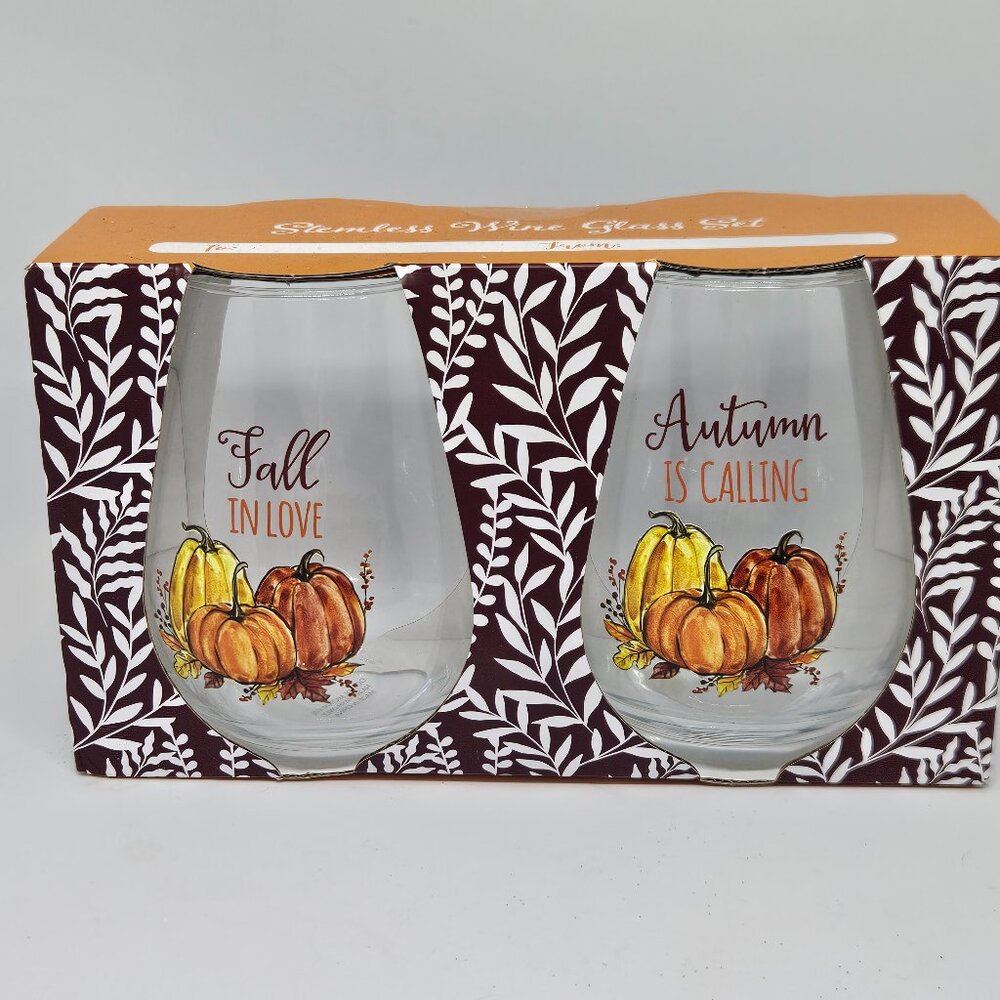 Stemless Wine Glass Set - Fall in Love - Autumn is Coming - Set of Two